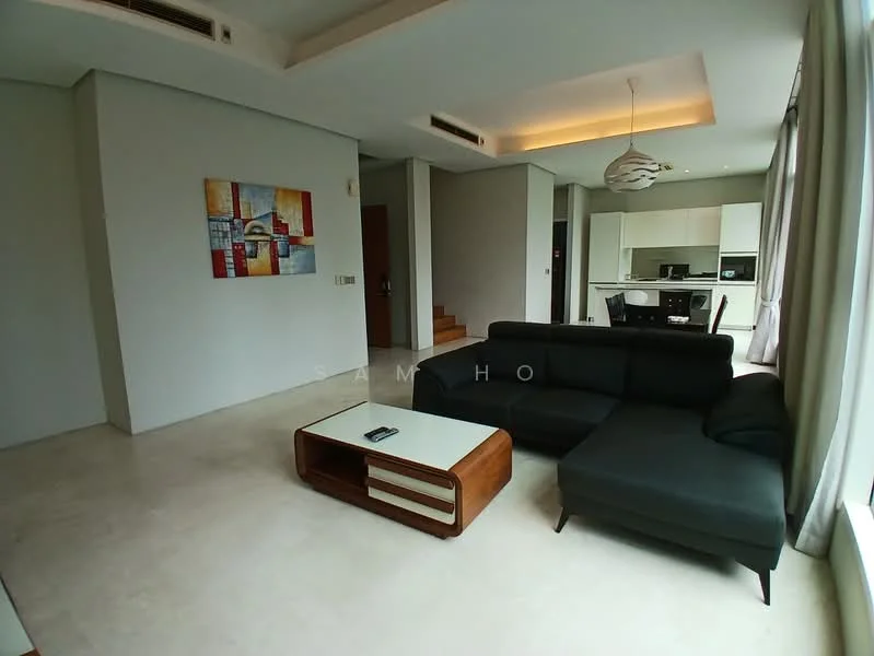 Living features: L-shape sectional sofa in black, coffee table with wooden base and white top, framed artwork on wall, recessed downlights, floor-to-ceiling windows with sheer curtains, marble flooring, open layout to kitchen, air conditioning unit on wall; style: modern. Kitchen features: built-in kitchen cabinets in white, stainless-steel appliances, countertop with bar seating, refrigerator, microwave, oven, sink, 4-burner gas hob; style: modern.