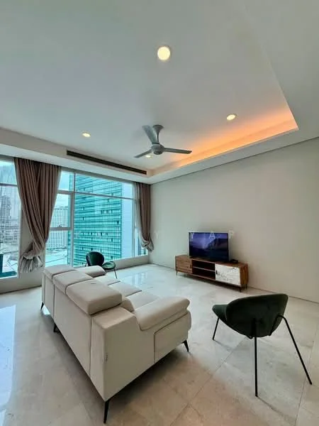 Living features: 3-seater fabric sofa in cream, 2 green accent chairs, wall-mounted TV, wooden TV console, marble flooring, recessed downlights, ceiling fan, floor-to-ceiling windows, sheer curtains, crown moulding, LED strip lighting, neutral painted walls; style: modern; view: city.
