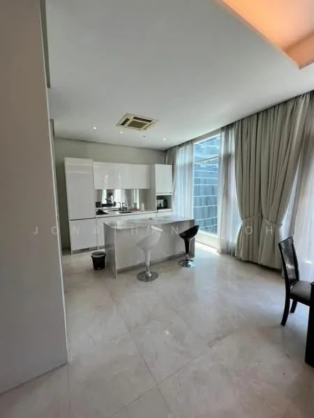 Kitchen features: white cabinetry, marble countertop, stainless-steel sink, chrome pull-down faucet, built-in microwave, freestanding range oven, bar stools, floor-to-ceiling windows, grey curtains, recessed downlights, tile flooring; style: modern; view: city.
