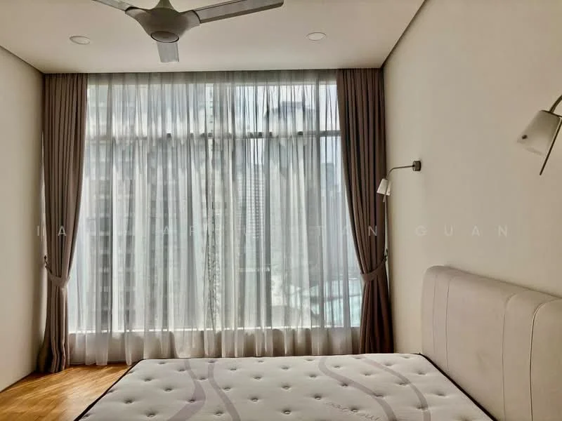 Bedroom features: floor-to-ceiling windows, sheer curtains, grey wall, wooden flooring, upholstered headboard, wall-mounted reading light, queen-size bed, decorative wall sconce, city view; style: modern; view: city.