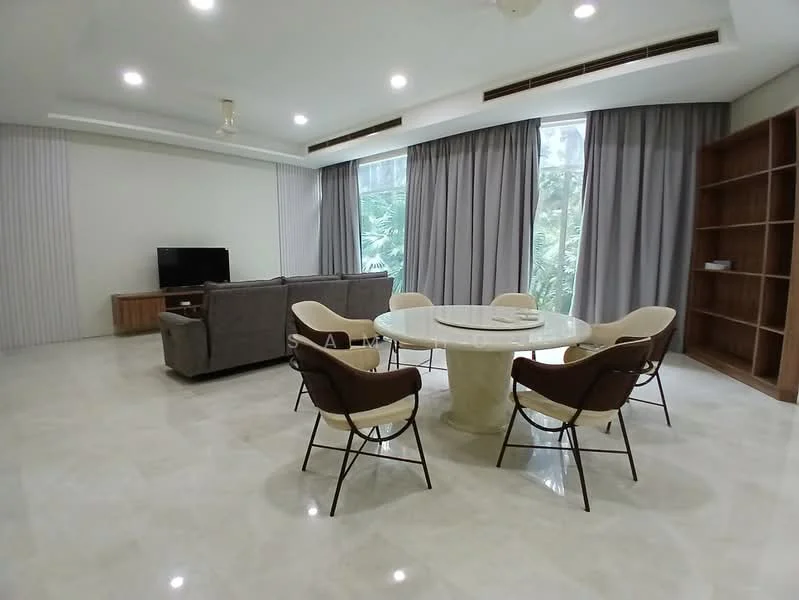 Living features: large floor-to-ceiling windows, grey fabric sofa, round marble dining table, 4 upholstered dining chairs, wooden TV console, wall-mounted TV, light-colored marble flooring, recessed ceiling lights, sheer curtains, built-in bookshelf, tropical greenery view; style: modern; view: garden.