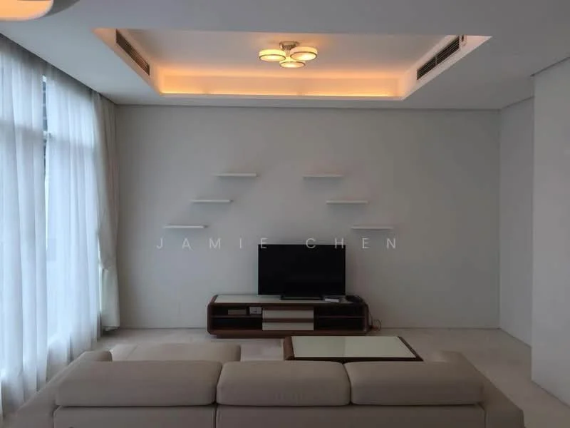 Living features: white painted walls, marble flooring, tray ceiling with recessed lighting, 5-blade ceiling fan, floor-to-ceiling windows with sheer curtains, light-colored fabric sofa, wood coffee table, TV console, wall-mounted TV, floating shelves; style: modern.