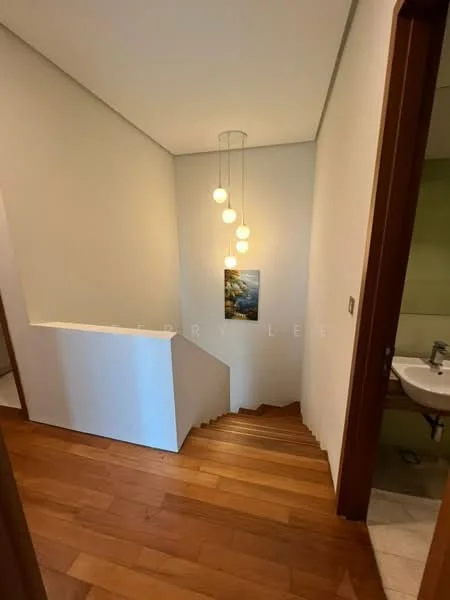 Room features: wooden staircase, pendant light fixture with multiple bulbs, white painted walls, framed artwork on wall, tile flooring at bottom of stairs, wood flooring on staircase, handrail, natural light from upper level; style: modern.