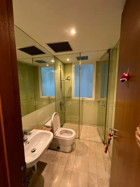Bathroom features: glass shower enclosure, rain shower head, handheld shower, single-sink vanity with cabinet, toilet, tile flooring, recessed downlights, two windows, mirror above vanity, white walls; style: modern.