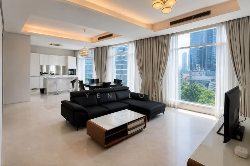 Living features: black leather sofa, white coffee table with wooden legs, floor-to-ceiling windows, sheer curtains, marble flooring, recessed downlights, pendant light fixture, city view, TV console, wall-mounted TV; style: modern; view: city. Kitchen features: white cabinetry, stainless-steel appliances, island countertop, bar stools, open-plan layout; style: modern.
