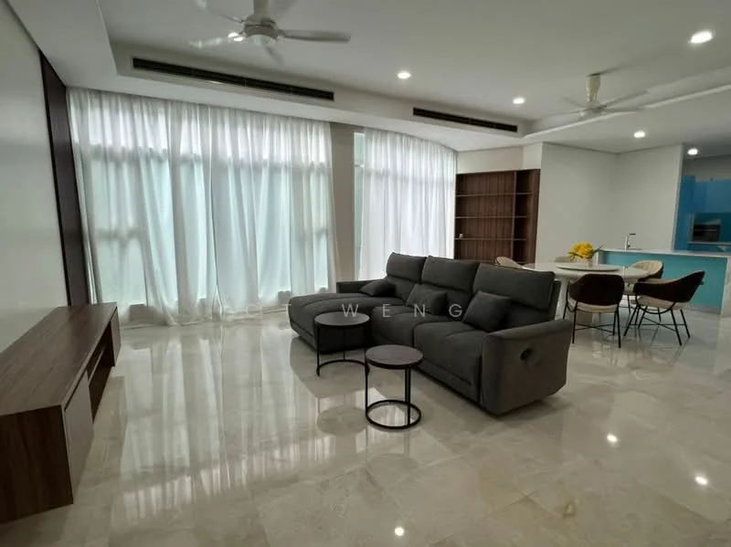 Living features: 3-seater fabric sofa in grey, round coffee table, wall-mounted TV console, marble flooring, floor-to-ceiling windows, sheer white curtains, ceiling fan, open layout to kitchen-dining area, built-in shelving unit, decorative wall paneling; style: modern. Dining features: 4-seater dining table, metal dining chairs, open layout to living area, natural light from windows; style: modern.