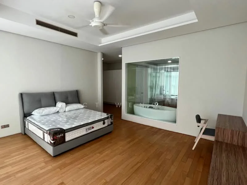 Bedroom features: wooden flooring, white painted walls, tray ceiling, 5-blade ceiling fan, queen-size bed, upholstered headboard, large window with sheer curtains, built-in wardrobe, study desk, decorative wall mirror; style: modern.