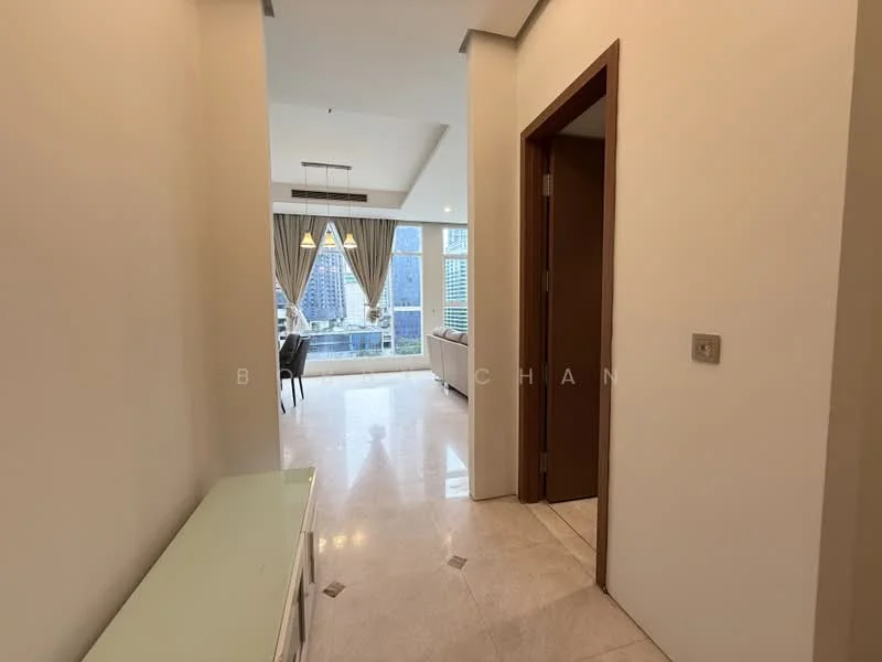 Room features: white painted walls, marble tile flooring, recessed downlights, floor-to-ceiling windows, curtains, doorway, light fixtures, open layout; style: modern; view: city.