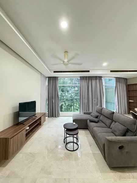 Living features: grey fabric sectional sofa, wooden TV console, wall-mounted TV, round side table, marble flooring, 5-blade ceiling fan with light, floor-to-ceiling windows, sheer curtains, decorative plants visible outside; style: modern; view: garden.