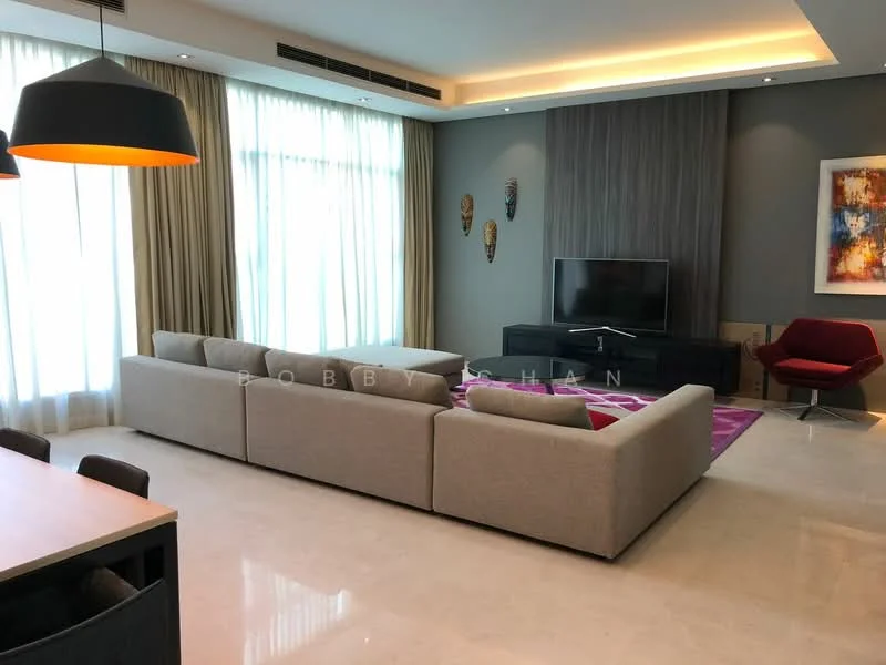 Living features: large sectional sofa in light grey, coffee table, wall-mounted TV, TV console in black, area rug with geometric pattern in purple, floor-to-ceiling windows with sheer curtains, recessed downlights, decorative wall art, accent chair in red, cream painted walls, marble flooring; style: modern.