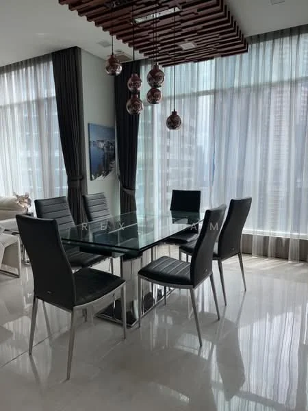 Dining features: glass dining table, 6-seater dining table, metal legs, upholstered dining chairs in black, pendant lighting with multiple bulbs, floor-to-ceiling windows, sheer curtains, grey curtains, marble flooring, decorative ceiling with wooden slats; style: modern; view: city.