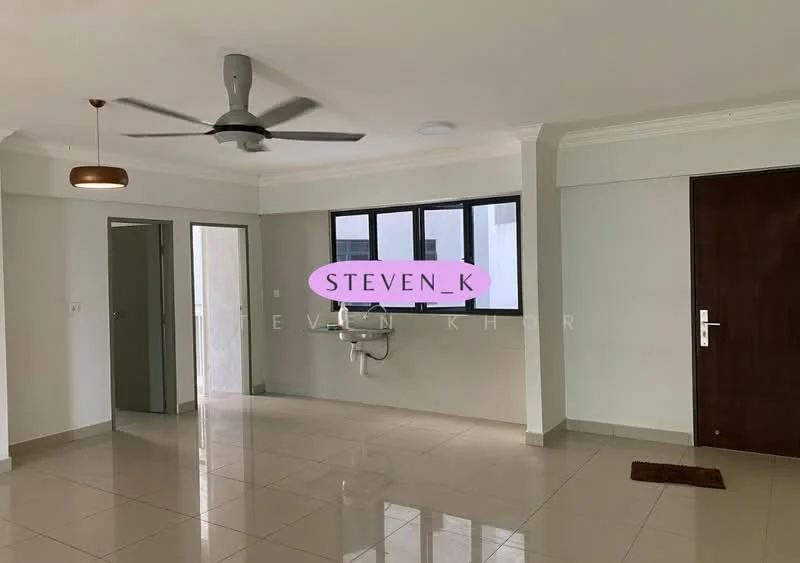 Room features: white painted walls, glossy tile flooring, 5-blade ceiling fan, recessed downlights, large windows, door leading to another room, wall-mounted sink, neutral color scheme; style: modern.