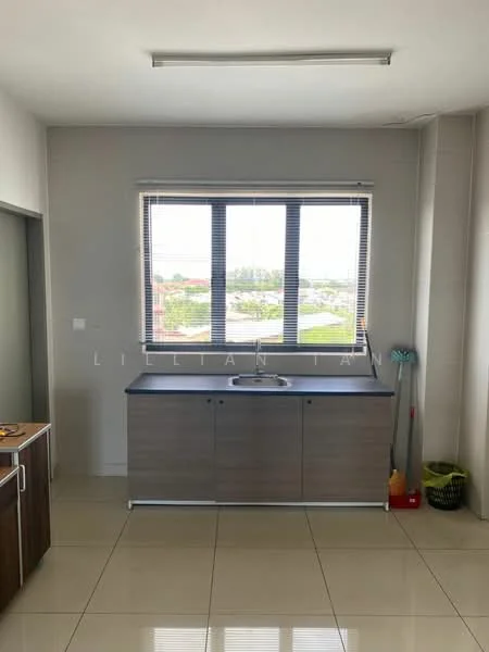 Kitchen features: single-bowl stainless-steel sink, chrome pull-down faucet, brown cabinetry, white countertop, tile flooring, large window with horizontal blinds, grey painted walls, cleaning supplies in corner, basket for storage; style: modern; view: garden.