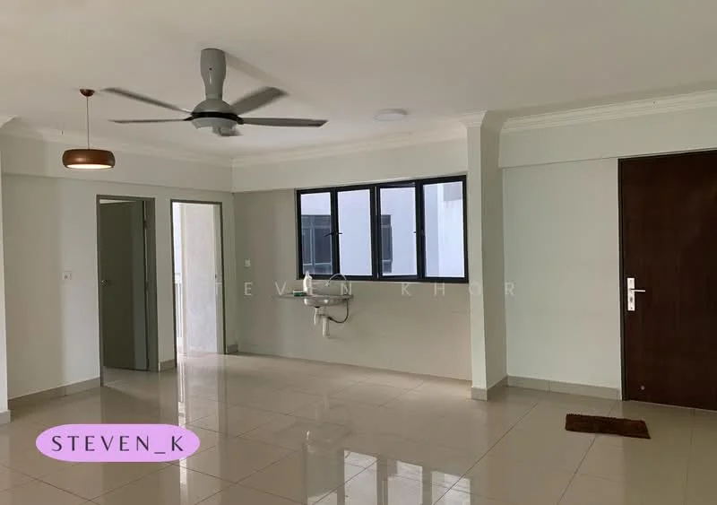 Room features: white painted walls, cream tiled flooring, 5-blade ceiling fan, recessed downlights, large windows, door leading to another room, wall-mounted sink, neutral color scheme; style: modern.