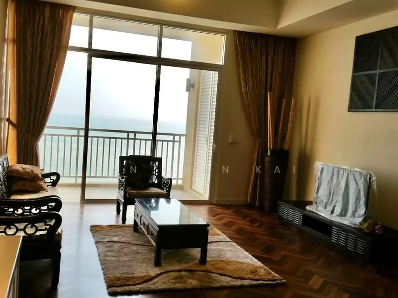 Living features: wooden flooring, large floor-to-ceiling windows, balcony access, beige painted walls, curtains in brown, sofa set with intricate design, glass coffee table, area rug with geometric pattern, decorative wall panel, decorative bamboo sticks; style: modern; view: sea.