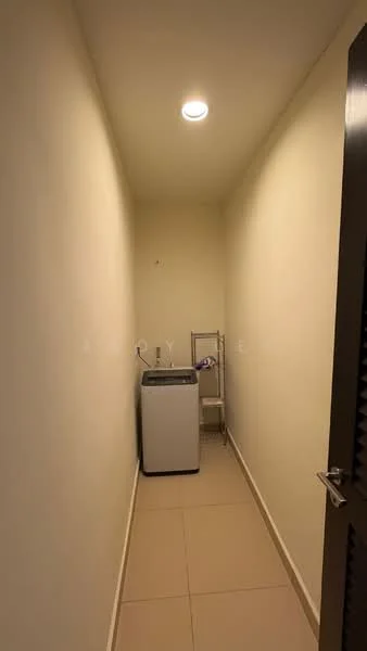 Laundry features: washing machine, tile flooring, white painted walls, ceiling light, narrow hallway, metal shelving unit.