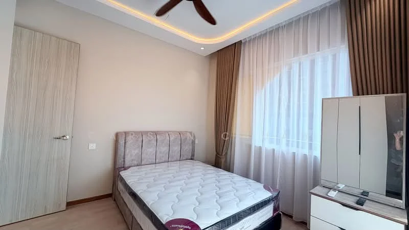 Bedroom features: queen-size bed, upholstered headboard, wooden flooring, floor-to-ceiling window, sheer curtains, drapes, ceiling fan, recessed LED lighting, built-in wardrobe, mirror on dresser; style: modern.