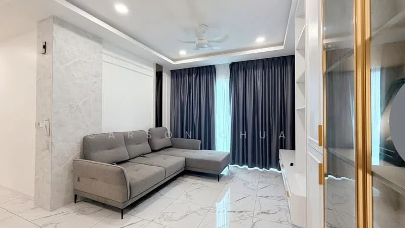 Living features: grey fabric sectional sofa, marble tile flooring, white wall with decorative panel, dark grey curtains, recessed ceiling lights, ceiling fan, built-in white shelving unit, TV console, large window with natural light; style: modern.