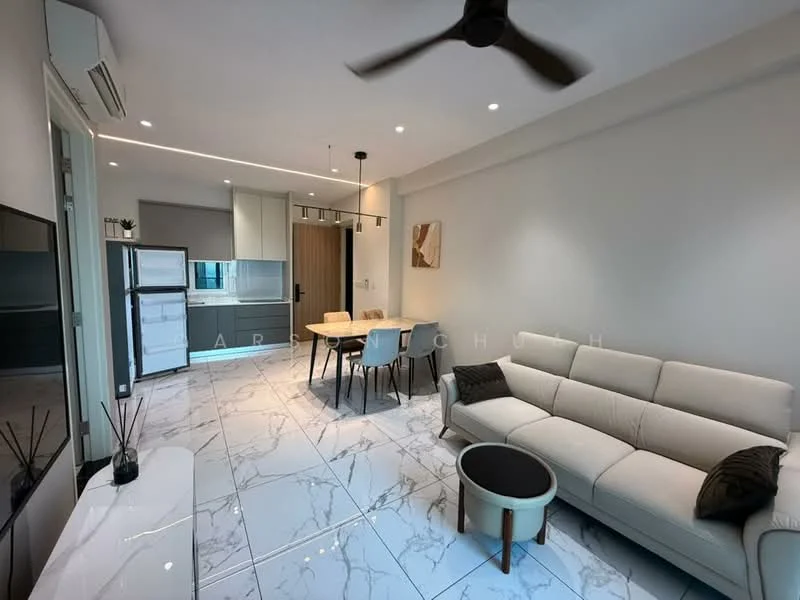 Living features: 3-seater fabric sofa in light beige, round coffee table, wall-mounted TV, TV console, dining table for 4, 4 dining chairs, marble tile flooring, ceiling fan, recessed LED downlights, large window with sheer curtains, decorative wall art; style: modern. Kitchen features: stainless-steel fridge, built-in kitchen cabinetry, countertop with under-mount sink, kitchen island, pendant lighting, ceramic tile backsplash; style: modern.
