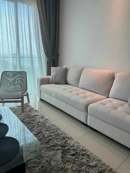 Living features: 3-seater fabric sofa in light grey, glass coffee table, area rug with fluffy texture, floor-to-ceiling windows, sheer curtains, light-coloured walls, tile flooring, decorative throw pillow; style: modern; view: city.
