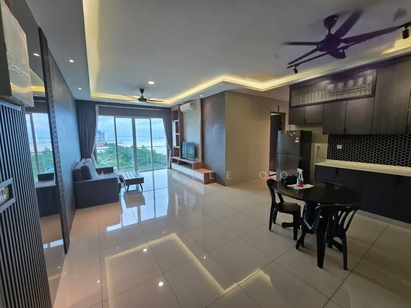 Living features: glossy white tile flooring, recessed downlights, 5-blade ceiling fan with light, floor-to-ceiling windows, sliding glass door, grey accent wall, built-in TV console, sofa in grey fabric, black dining table with four chairs, air conditioning unit; style: modern; view: city.