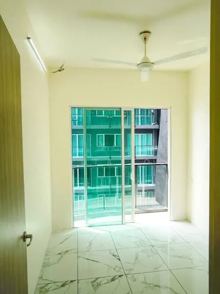 Room features: white painted walls, marble tile flooring, 5-blade ceiling fan, floor-to-ceiling sliding glass door, natural light from large window, view of exterior building facade; style: modern; view: city.