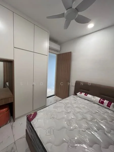 Bedroom features: queen-size bed, upholstered headboard, built-in wardrobe with sliding doors, wooden bedside table, ceiling fan, wall-mounted air conditioning unit, white painted walls, marble tile flooring, decorative throw pillows, door leading to hallway; style: modern.