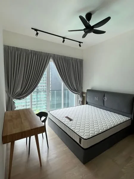 Bedroom features: king-size bed, upholstered headboard, floor-to-ceiling windows, sheer curtains, blackout curtains, 5-blade ceiling fan, wooden desk, black chair, light wood flooring, white painted walls, track lighting; style: modern; view: city.