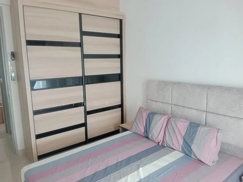Bedroom features: queen-size bed with striped bedding, upholstered headboard, built-in wardrobe with sliding doors, light-colored wood cabinetry, neutral wall color, glossy tile flooring, nightstand, wall-mounted intercom, window with natural light; style: modern.
