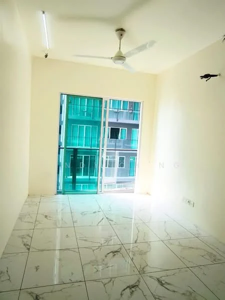 Room features: white painted walls, marble tile flooring, ceiling fan, floor-to-ceiling windows, sliding glass door, natural light from windows, view of balcony or exterior, minimalist decor; style: modern; view: city.