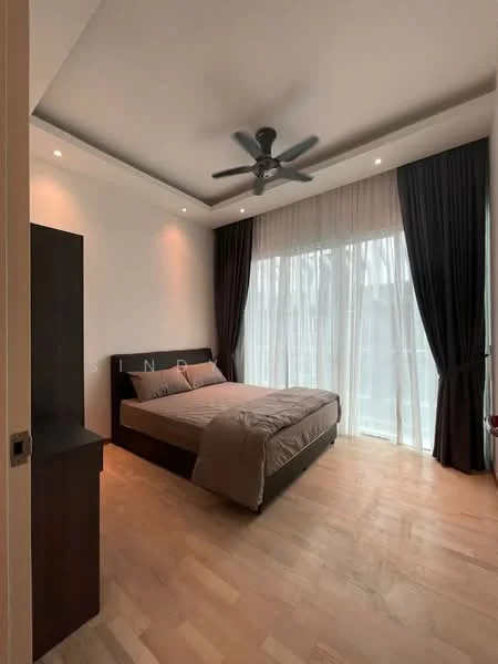 Bedroom features: king-size bed with beige bedding, upholstered headboard, floor-to-ceiling windows, sheer curtains, blackout curtains, 5-blade ceiling fan with light, wooden flooring, recessed downlights, nightstand, decorative plant; style: modern; view: garden.