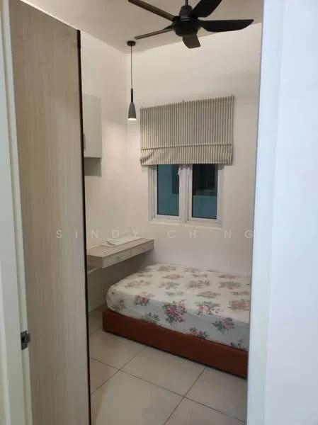 Bedroom features: queen-size bed with floral bedding, built-in wardrobe with sliding doors, white painted walls, tile flooring, ceiling fan, window with sheer curtains, desk with drawer, pendant light fixture; style: modern.