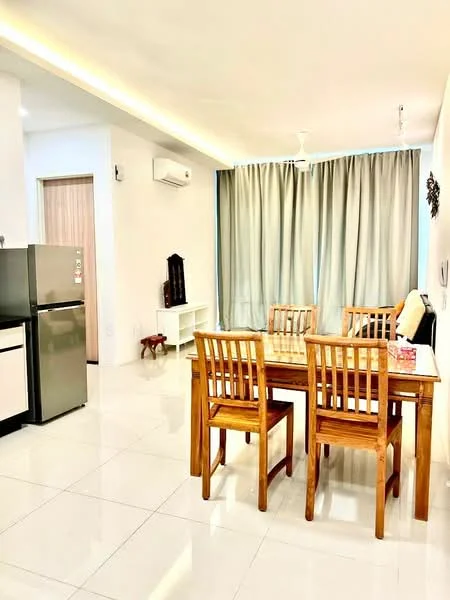 Dining features: dining table with 4 wooden chairs, grey stainless-steel fridge, white walls, white ceiling, recessed LED downlights, floor-to-ceiling curtains, air conditioning unit, glossy tile flooring, decorative wall art, open shelving unit; style: modern.