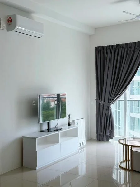 Living features: white painted walls, glossy tile flooring, 5-blade ceiling fan, wall-mounted TV, white TV console, grey curtains, large windows, air conditioning unit; style: modern; view: city.