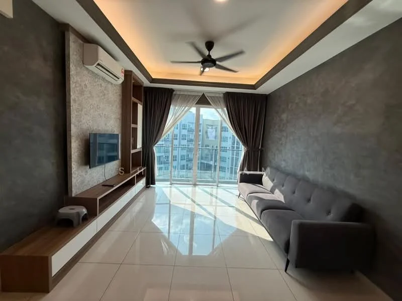 Living features: grey fabric sofa, wall-mounted TV, wooden TV console, white cabinetry, floor-to-ceiling windows, sheer curtains, dark curtains, recessed downlights, tray ceiling with LED lighting, polished ceramic tile flooring, ceiling fan; style: modern; view: city.