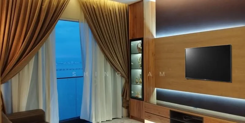 Living features: floor-to-ceiling windows, sheer curtains, blackout curtains, wooden feature wall, built-in TV console, LED strip lighting, marble flooring, upholstered sofa in brown, decorative display shelves, wall-mounted TV; style: modern; view: sea.