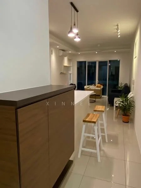 Room features: white painted walls, glossy tile flooring, recessed downlights, pendant lighting, wooden cabinetry, bar stools with wooden seats, indoor plant, large windows with natural light, open layout, neutral color scheme; style: modern.