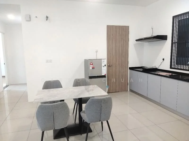 Kitchen features: grey cabinetry, black countertop, stainless-steel sink, chrome pull-down faucet, built-in stove, refrigerator, marble dining table, 4 upholstered dining chairs, tile flooring, white painted walls, window with black grille; style: modern.