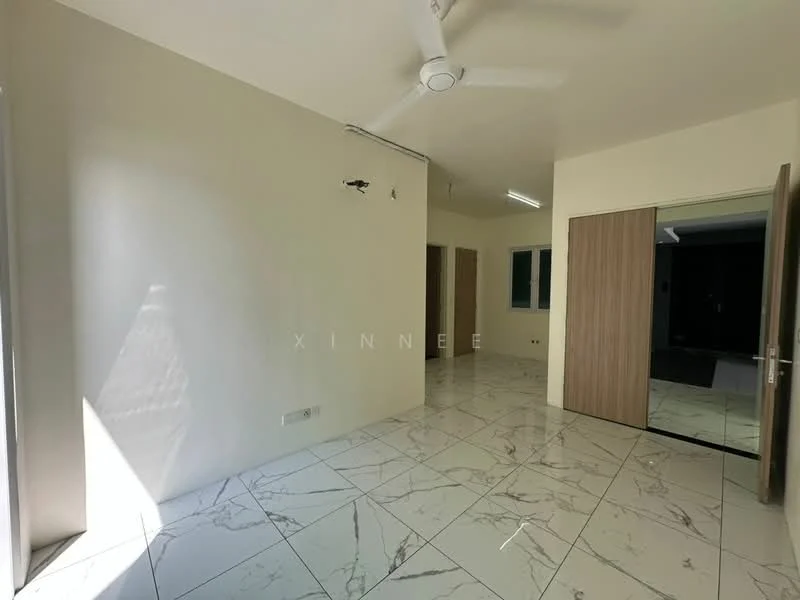 Room features: white painted walls, marble tile flooring, ceiling fan, recessed lighting, large windows, doorway leading to another room, neutral color scheme; style: modern.