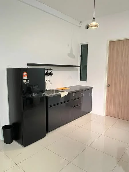 Kitchen features: black cabinetry, white countertop, single-bowl stainless-steel sink, chrome pull-down faucet, stainless-steel fridge, wall-mounted shelf, pendant light, white tiled backsplash, ceramic tile flooring, window above sink, door leading to another room; style: modern.