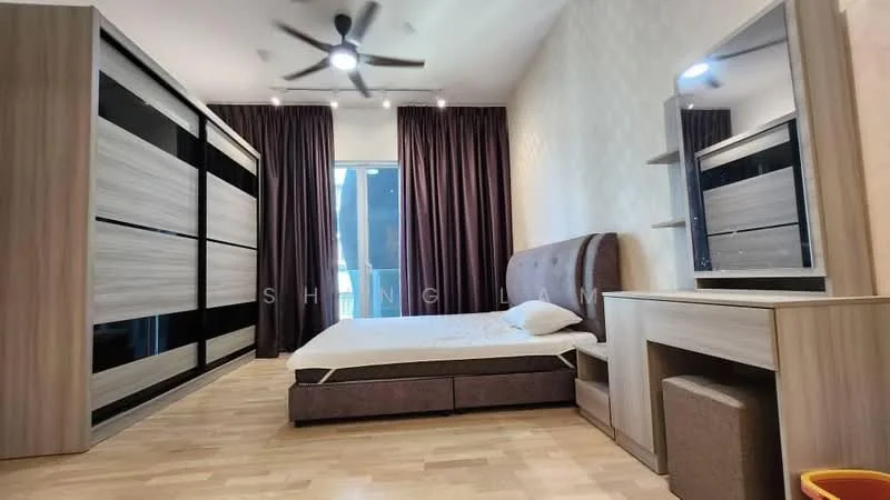 Bedroom features: queen-size bed, upholstered headboard, wooden flooring, built-in wardrobe with sliding doors, ceiling fan, large window with sheer curtains, dressing table with mirror, decorative wall, neutral wall color; style: modern.