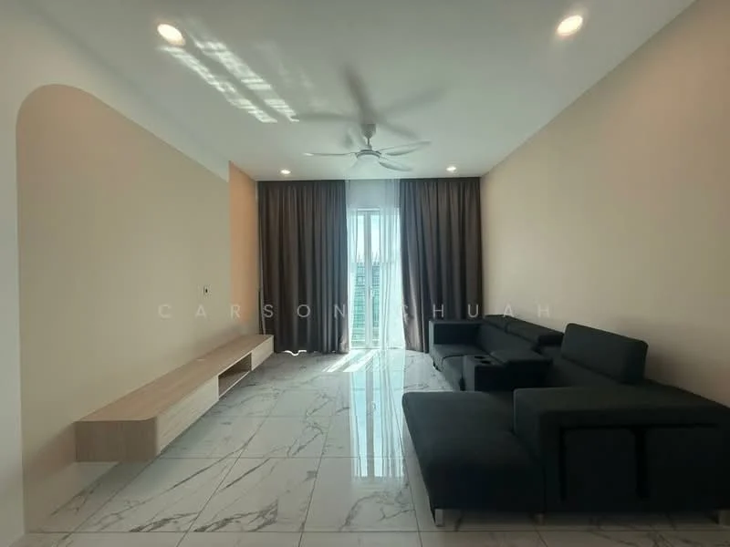Living features: marble tile flooring, light beige painted walls, 5-blade ceiling fan with light, floor-to-ceiling windows, sliding glass door, dark grey sectional sofa, wooden TV console, dark curtains; style: modern; view: city.