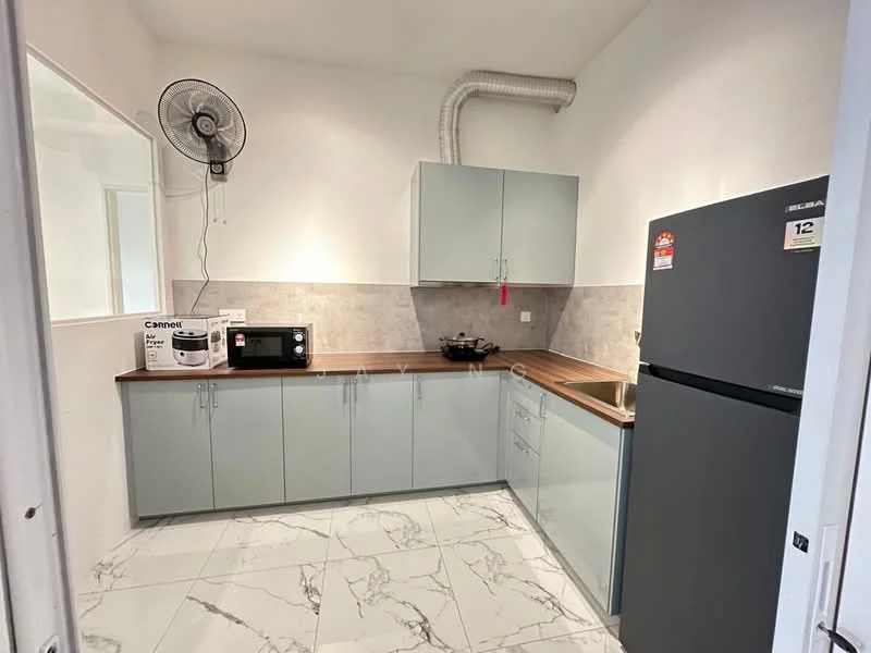 Kitchen features: light blue cabinetry, wood countertop, stainless-steel sink, chrome faucet, built-in microwave, black microwave, black refrigerator, ceramic tile flooring with marble pattern, wall-mounted ceiling fan, exposed ducting, kitchen utensils on countertop; style: modern.
