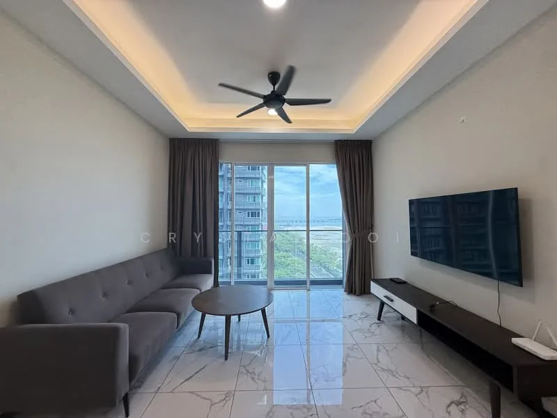Living features: 3-seater fabric sofa in grey, round coffee table, wall-mounted TV, TV console, floor-to-ceiling windows, sliding glass door, curtains, marble tile flooring, tray ceiling with recessed lighting, ceiling fan with light; style: modern; view: city.