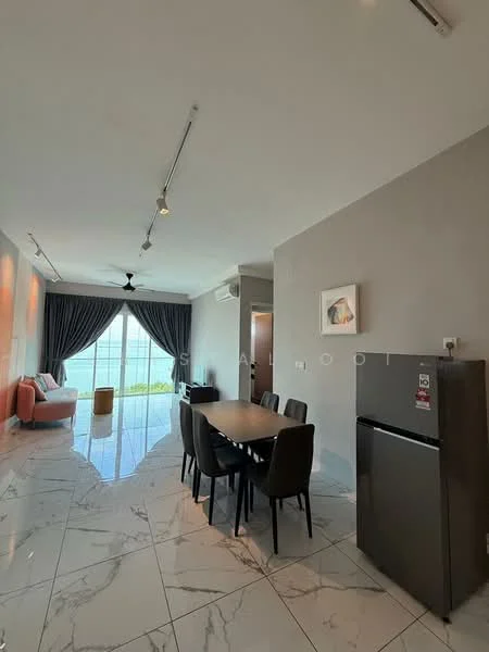 Dining features: marble tile flooring, grey painted walls, 5-blade ceiling fan with light, dining table for 6, black dining chairs, stainless-steel fridge, floor-to-ceiling windows, curtains, sofa in coral color, decorative artwork on wall; style: modern; view: garden.