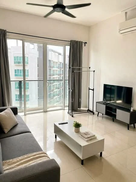 Living features: grey fabric sofa, coffee table with white top, TV console in dark grey, wall-mounted TV, floor-to-ceiling windows, sheer curtains, ceiling fan, air conditioning unit, light-colored tiled flooring, decorative houseplant, clothes rack, decorative throw pillow; style: modern; view: city.