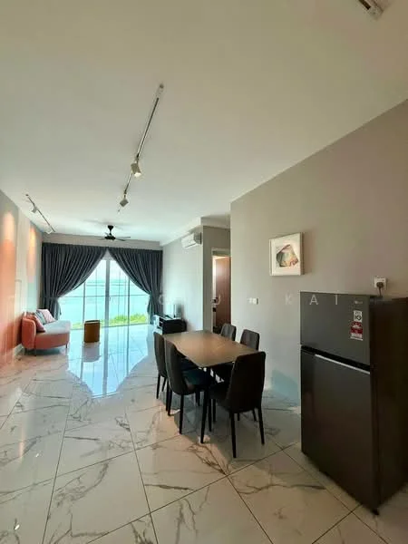 Dining features: marble tile flooring, grey painted walls, 5-blade ceiling fan with light, dining table for 6, upholstered dining chairs, refrigerator, floor-to-ceiling windows, curtains, sofa in light color, wall-mounted artwork; style: modern; view: garden.