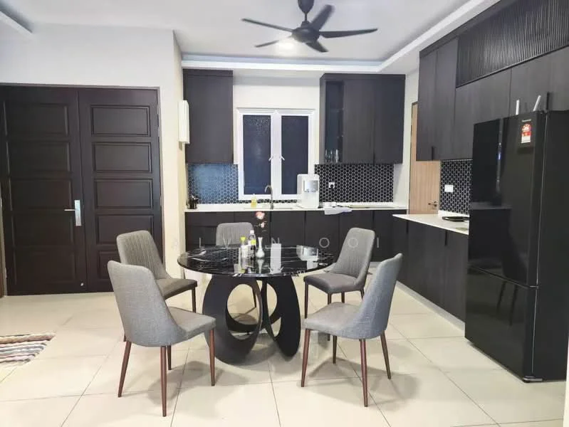 Dining features: round dining table with black surface, 4 upholstered dining chairs in grey, black refrigerator, black cabinetry, white countertop, black backsplash with geometric pattern, floor-to-ceiling window, ceiling fan with light, tile flooring in beige, kitchen appliances visible, kitchen sink, wall-mounted cabinets; style: modern.