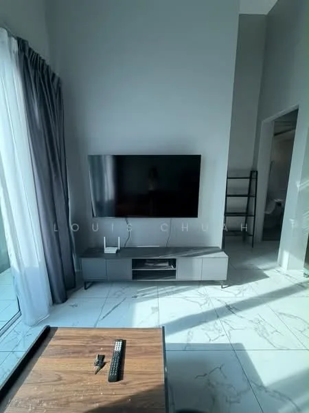 Living features: large flat-screen TV, TV console in grey, marble tile flooring, floor-to-ceiling windows, sheer curtains, grey accent wall, wooden coffee table, remote control on table; style: modern.