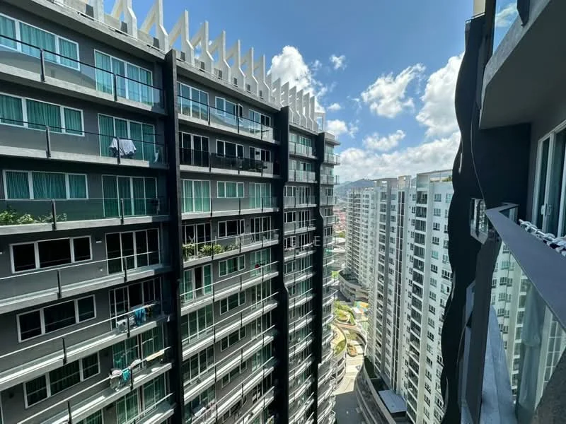 Exterior type: high-rise condominium; features: glass curtain wall, balconies with glass railings, greenery on balconies, multiple storeys, surrounding landscaped gardens, city skyline view, modern architectural design, exposed concrete elements; style: modern.